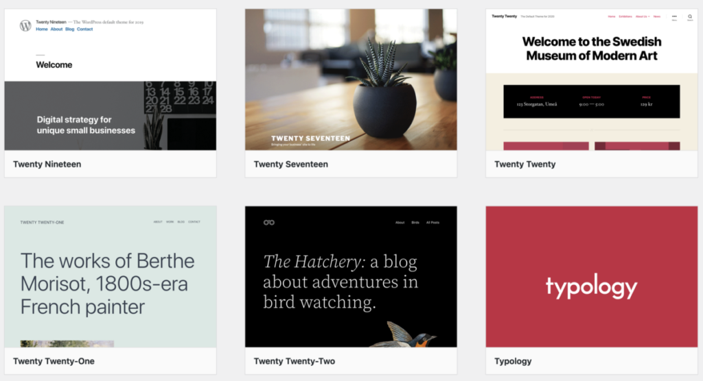 Screenshot of some thumbnails of WordPress themes available on City Tech's OpenLab.